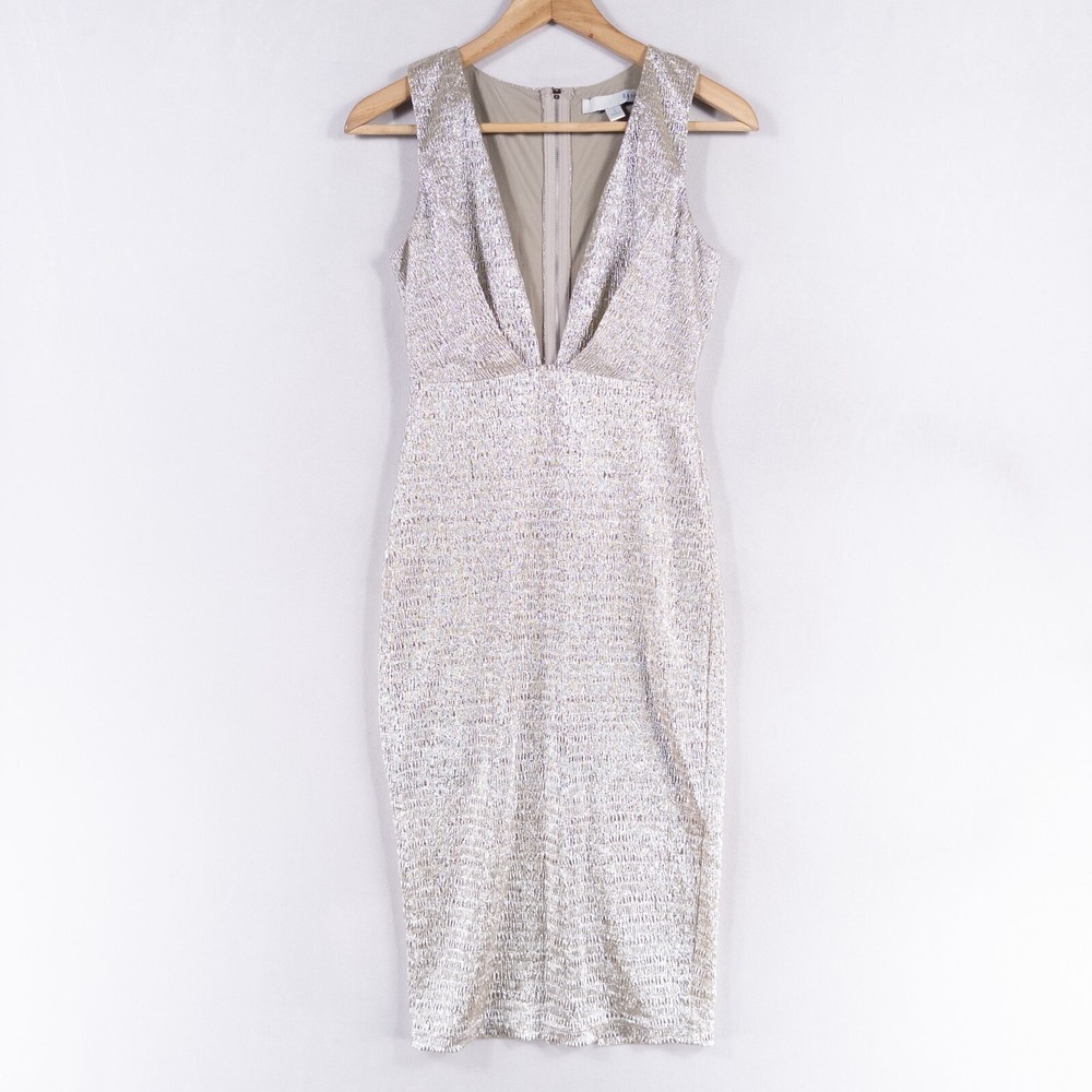 Renn Dress Women Sz Small Tan Silver Shimmery Stretch Knit Sheath Deep V Pleated